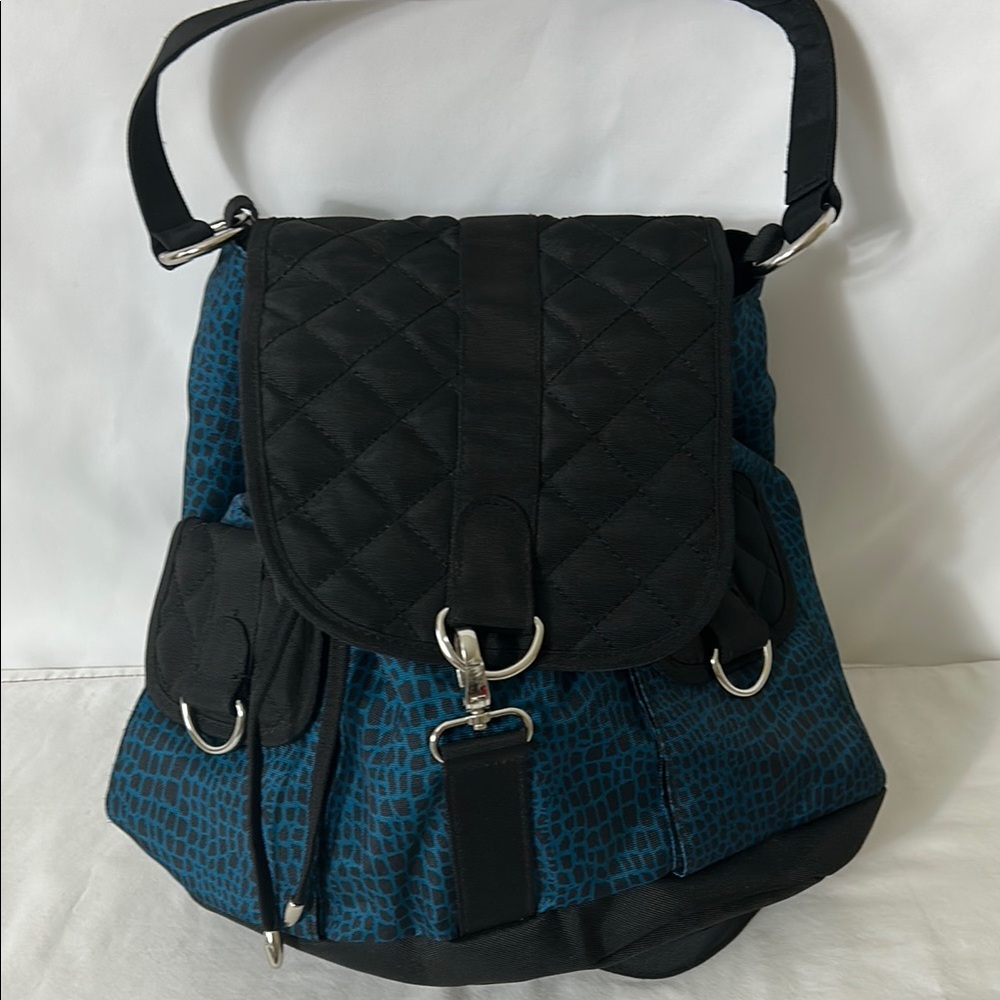 Black blue giraffe animal print quilted double strap backpack carry bag